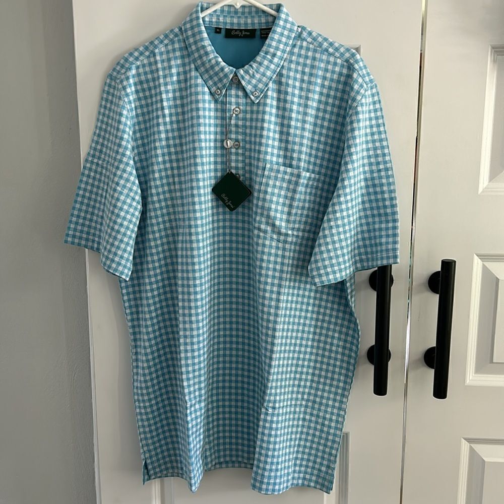 New Bobby Jones golf‎  blue and white small check button-down cotton polo XL